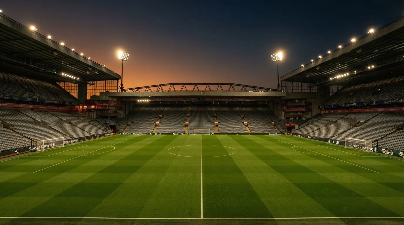 An empty football stadium with floodlight masts at dusk