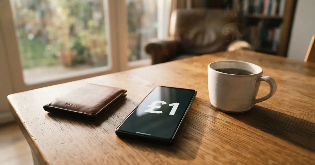 A smartphone on a wooden table beside a wallet and a coffee cup