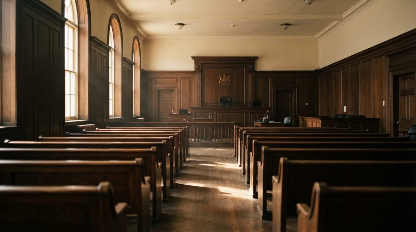 An empty courtroom with wooden benches in morning light