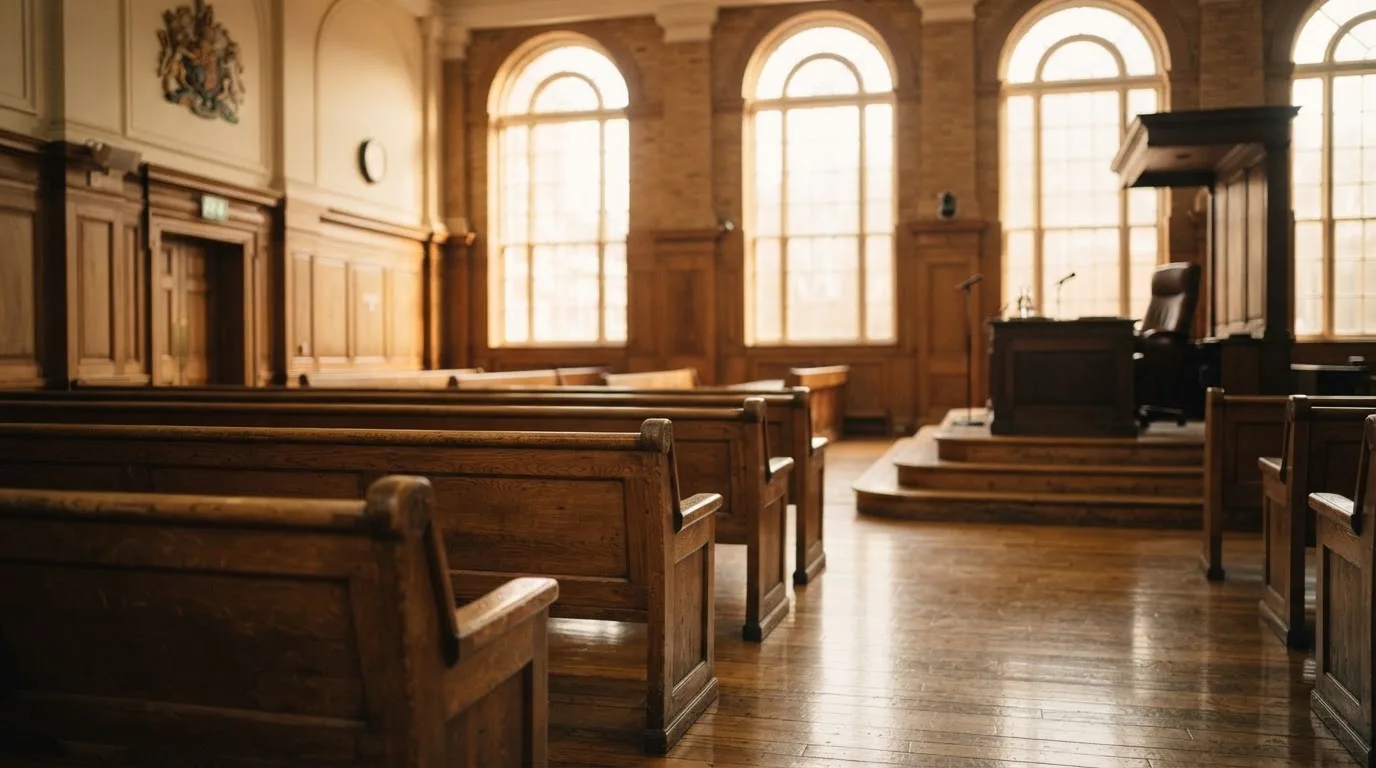 An empty courtroom with wooden benches in morning light