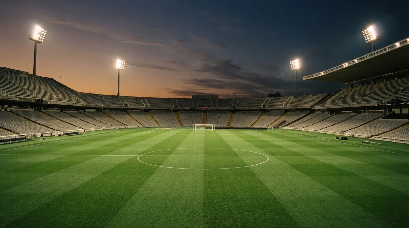 An empty football stadium with floodlight masts at dusk