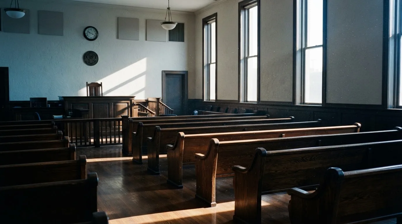 An empty courtroom with wooden benches in morning light