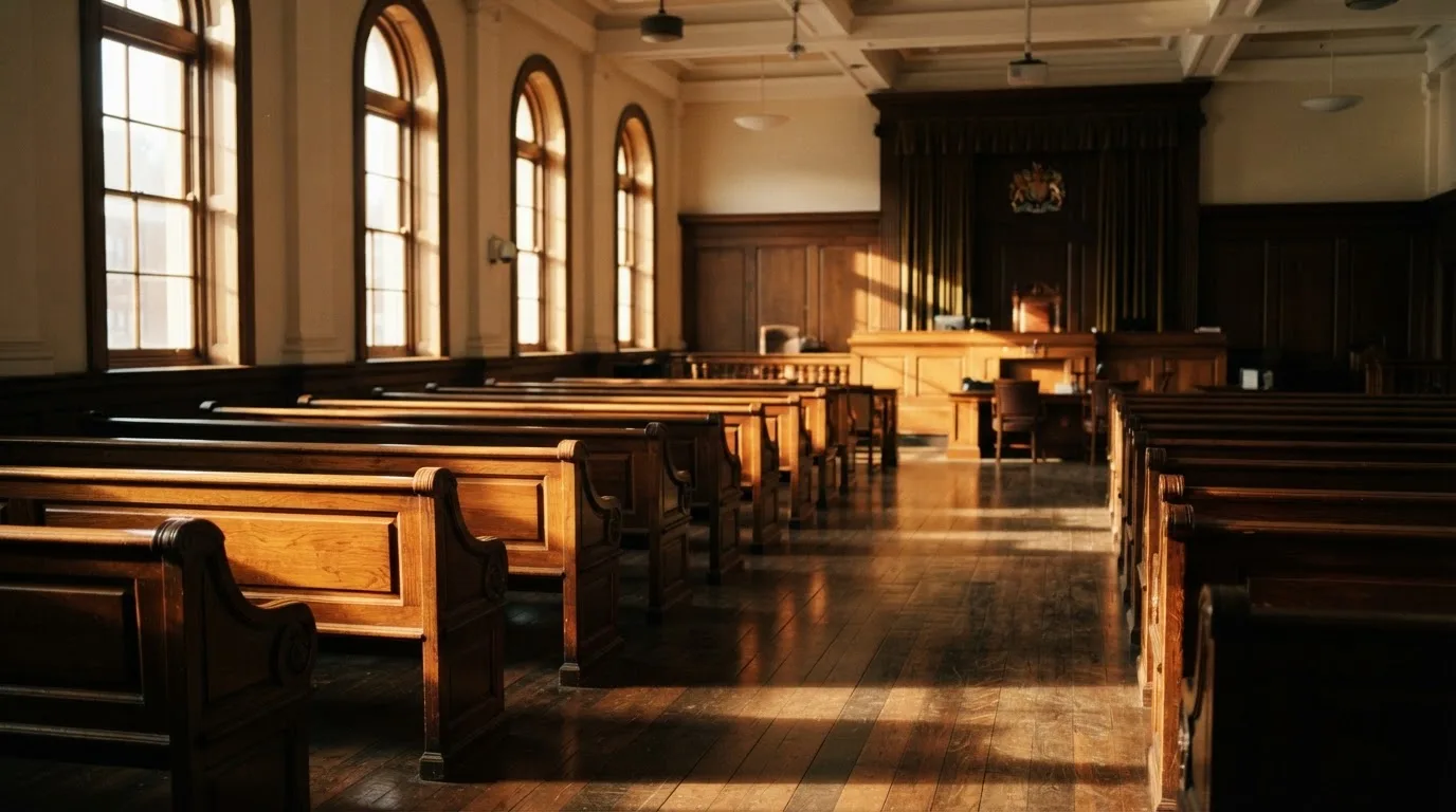 An empty courtroom with wooden benches in morning light