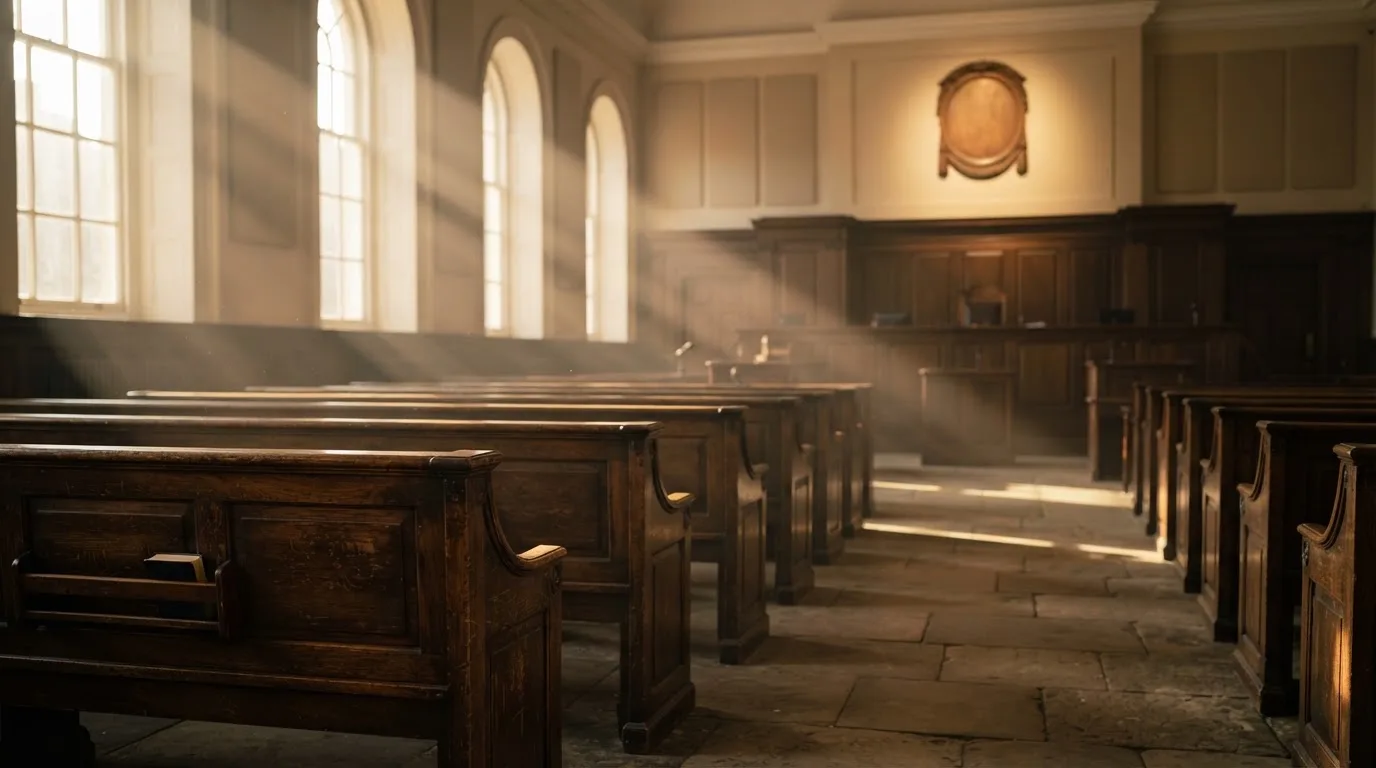 An empty courtroom with wooden benches in morning light