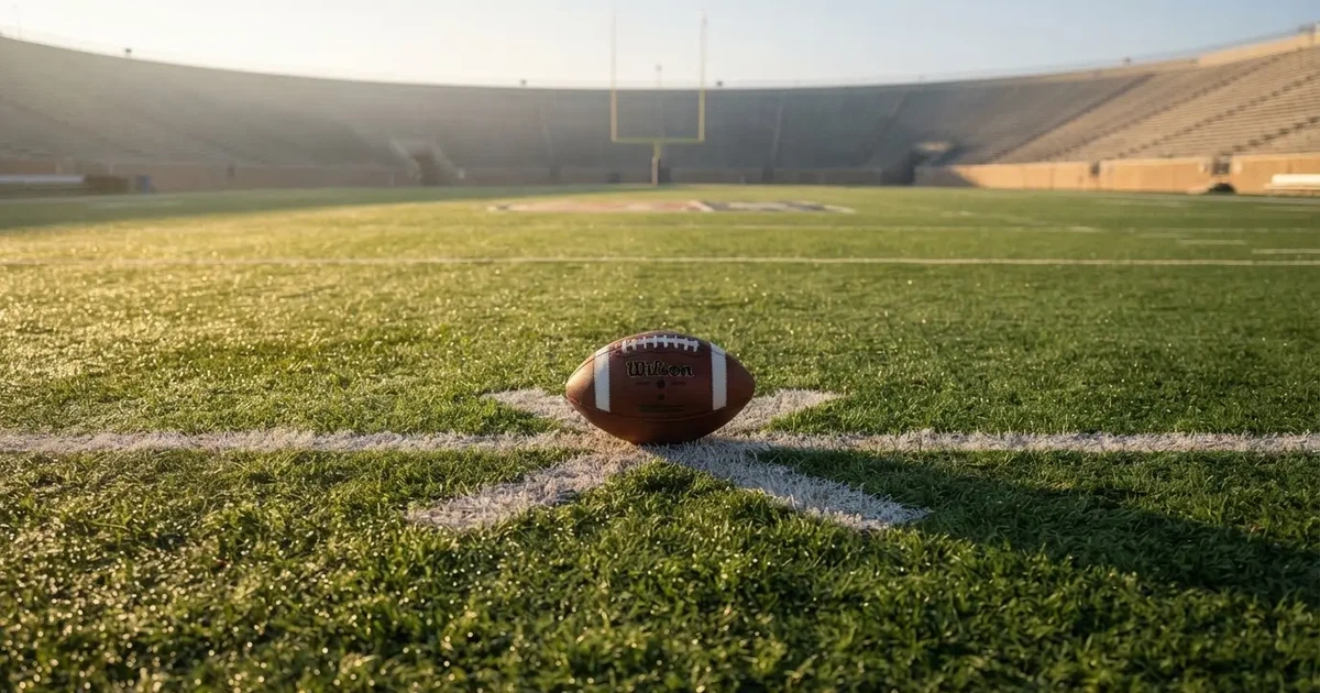 A ball on the centre spot of a grass pitch in morning light