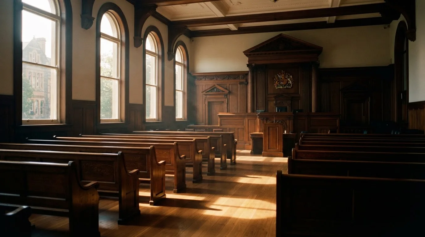 An empty courtroom with wooden benches in morning light