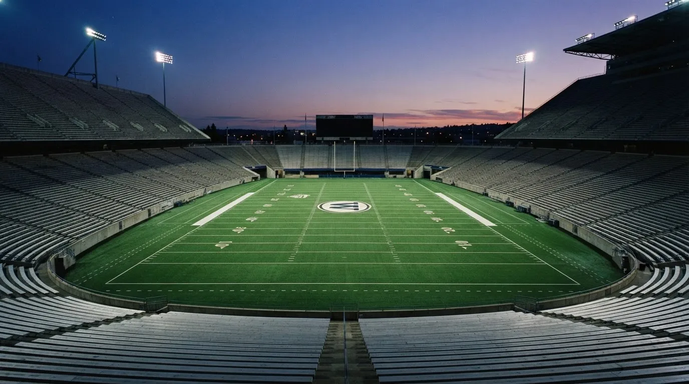 An empty football stadium with floodlight masts at dusk