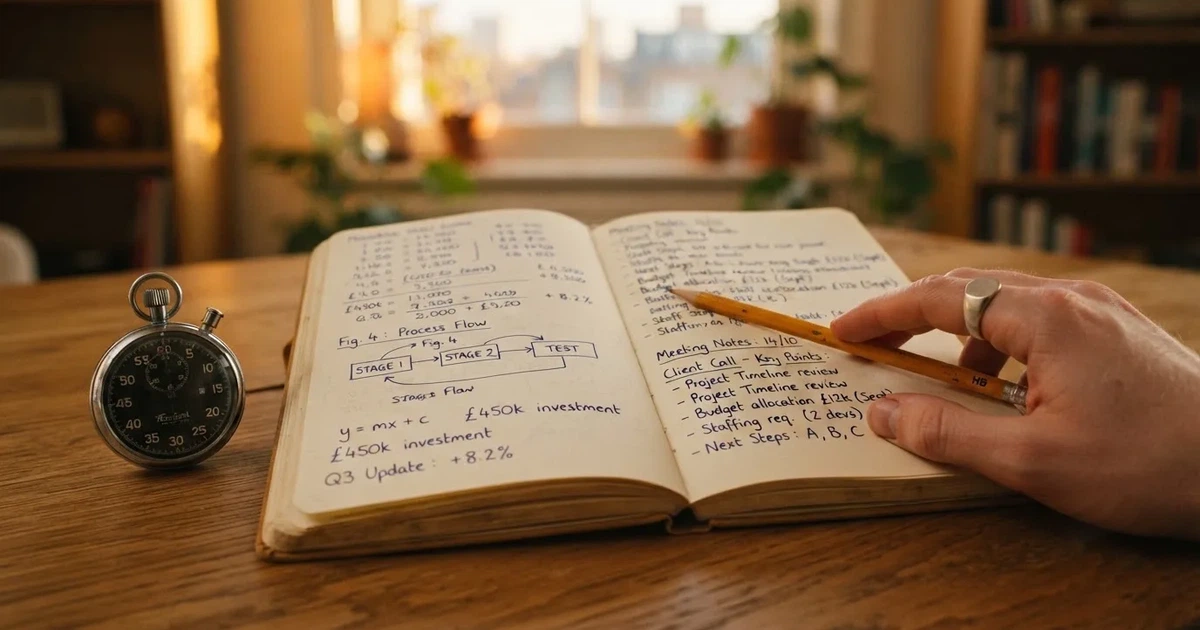An open notebook with a pencil and a stopwatch on a wooden table