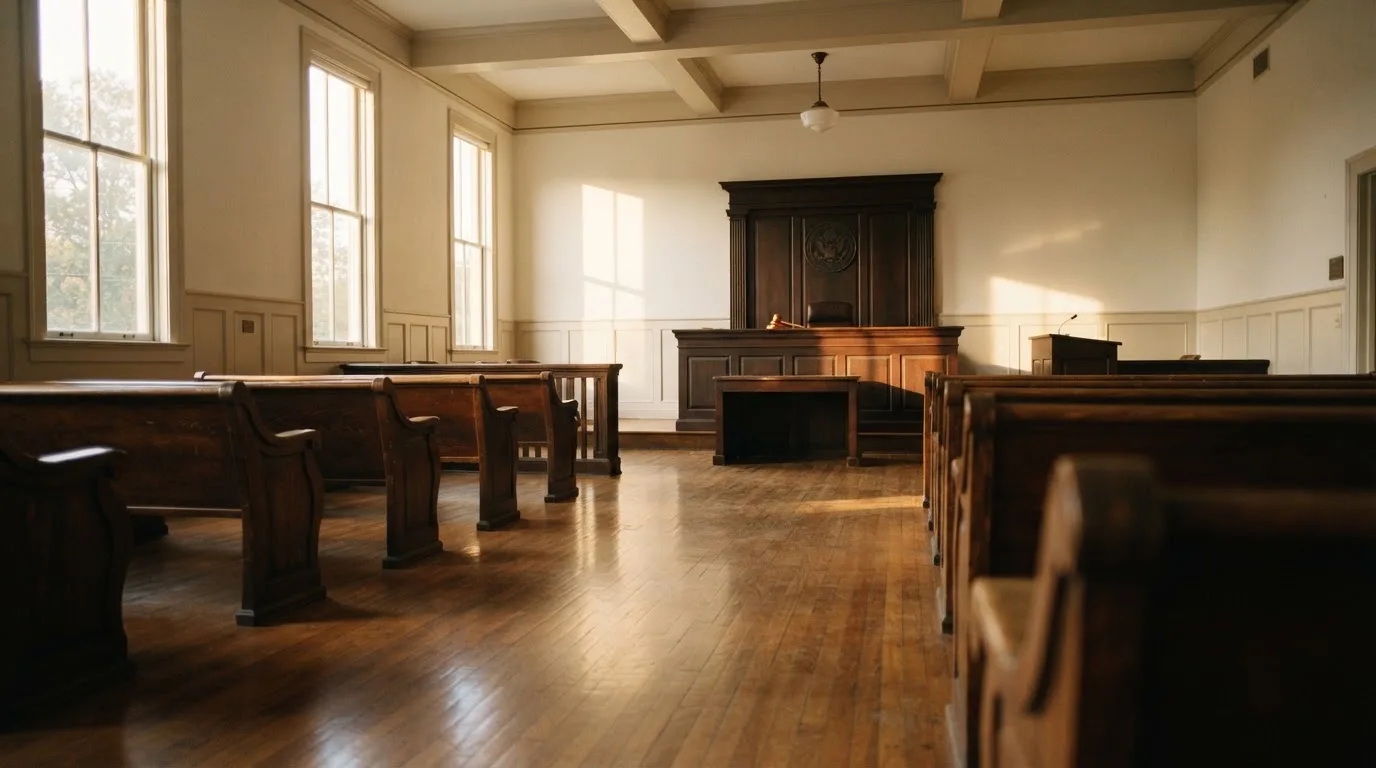 An empty courtroom with wooden benches in morning light