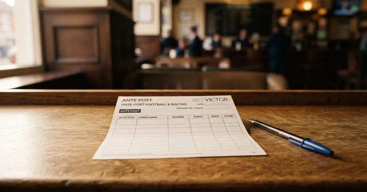 A blank paper betting slip beside a pen on a wooden counter