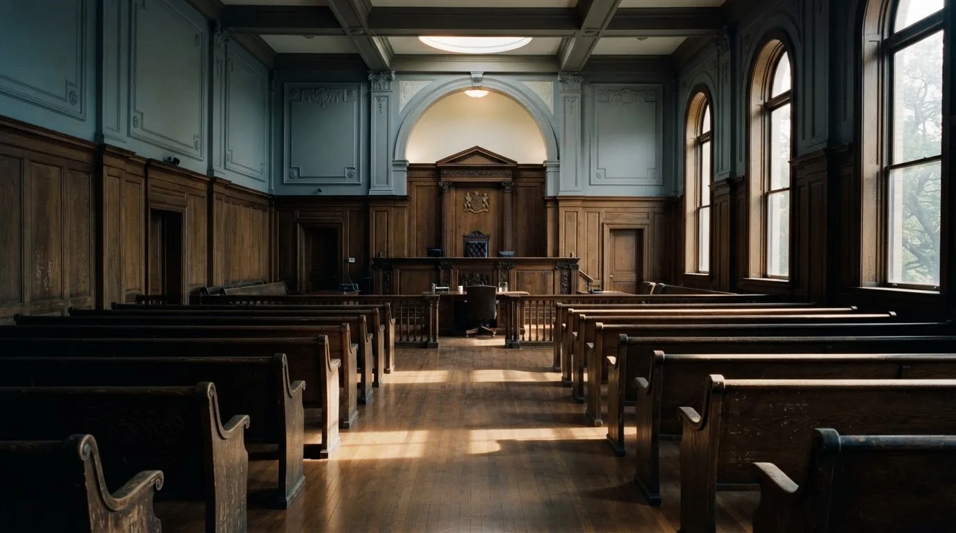 An empty courtroom with wooden benches in morning light