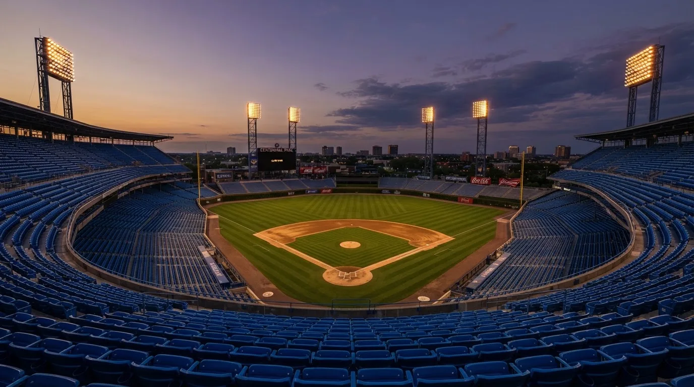 An empty football stadium with floodlight masts at dusk