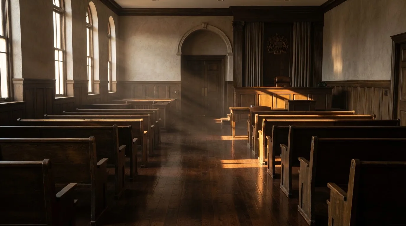 An empty courtroom with wooden benches in morning light