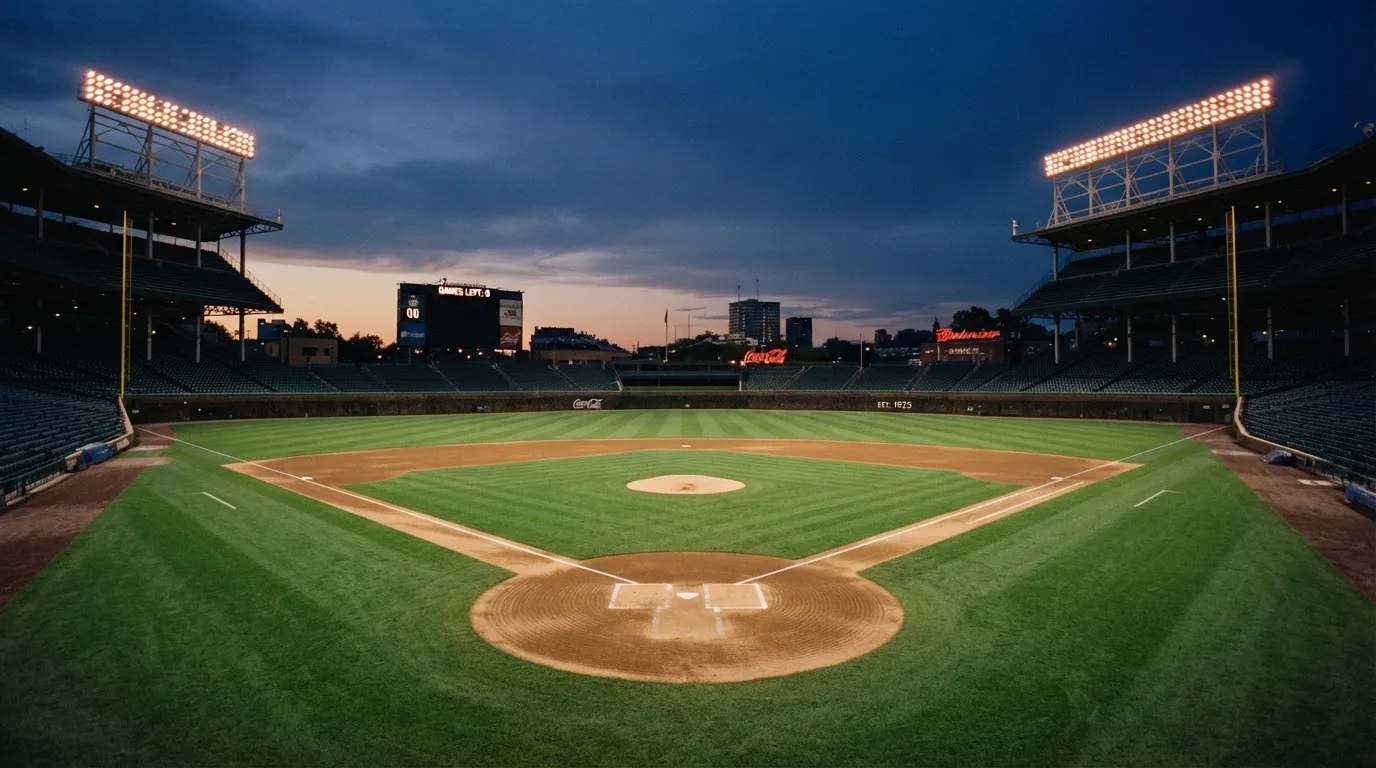 An empty football stadium with floodlight masts at dusk