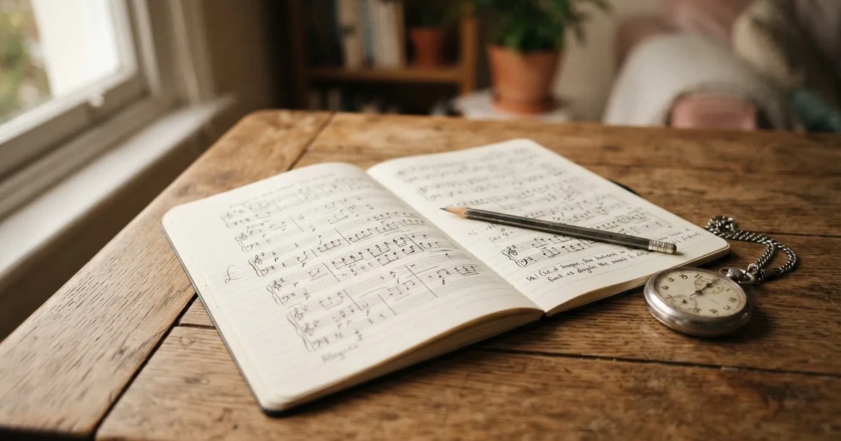 An open notebook with a pencil and a stopwatch on a wooden table