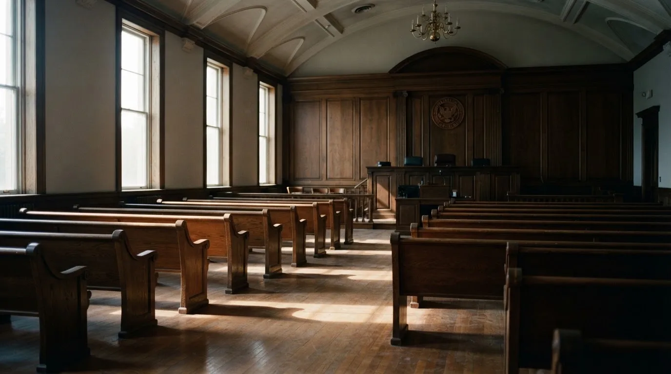 An empty courtroom with wooden benches in morning light