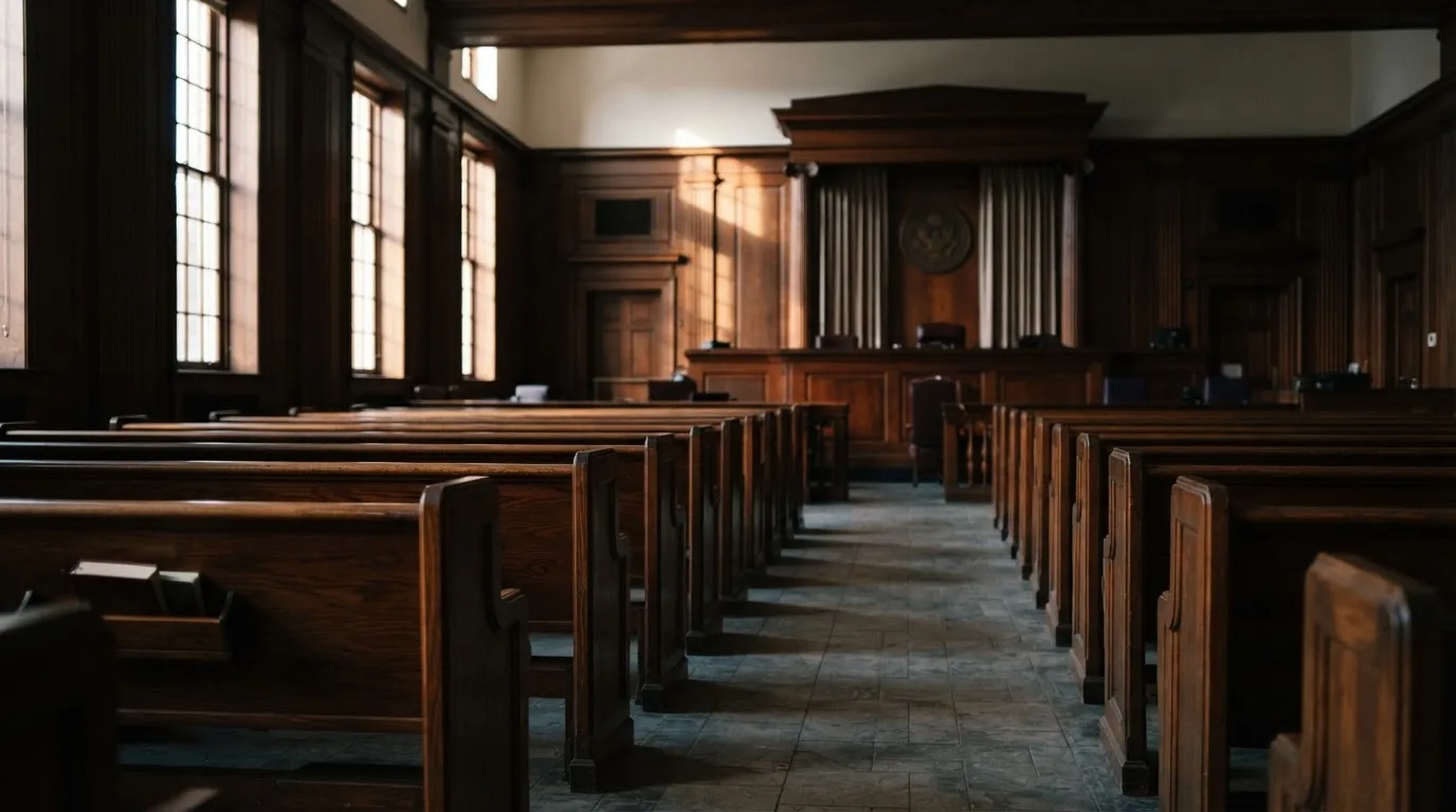 An empty courtroom with wooden benches in morning light