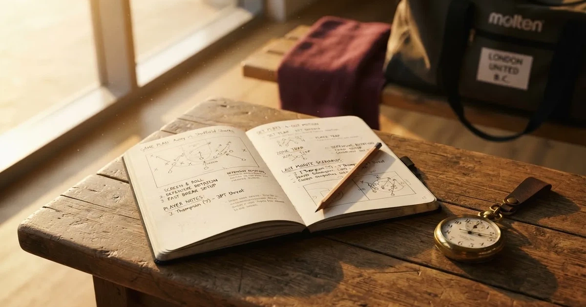 An open notebook with a pencil and a stopwatch on a wooden table