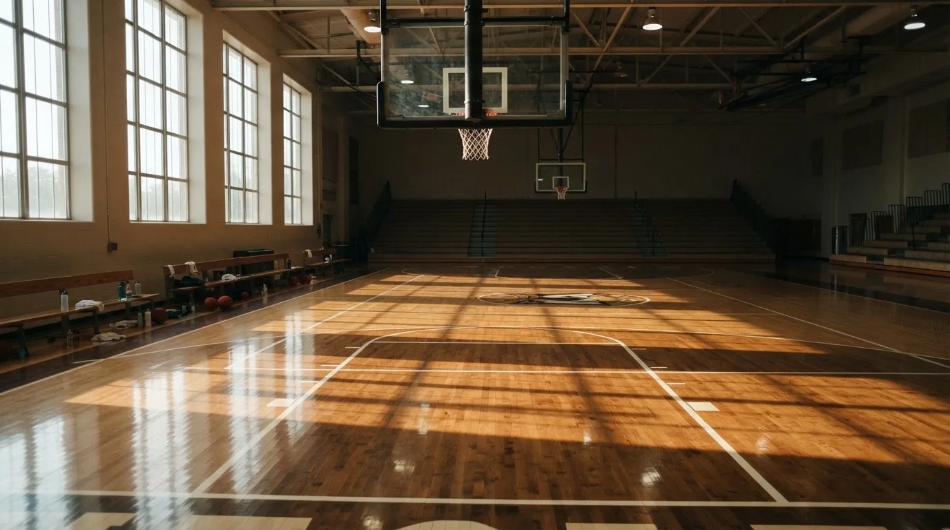 An empty courtroom with wooden benches in morning light