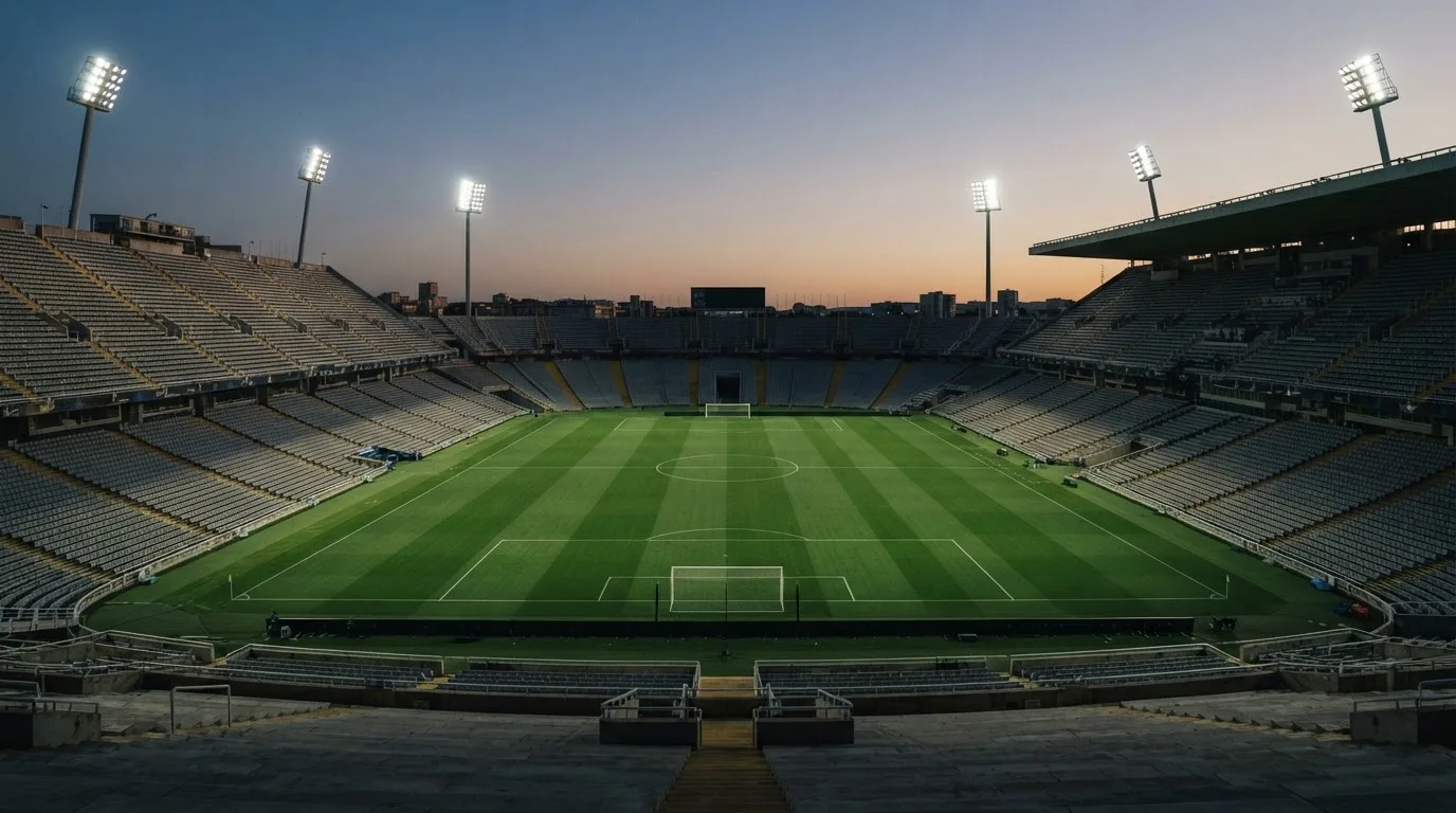 An empty football stadium with floodlight masts at dusk