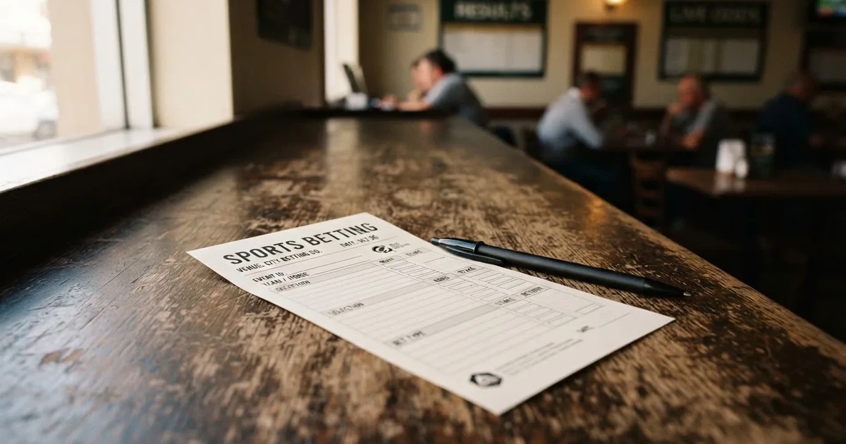 A blank paper betting slip beside a pen on a wooden counter