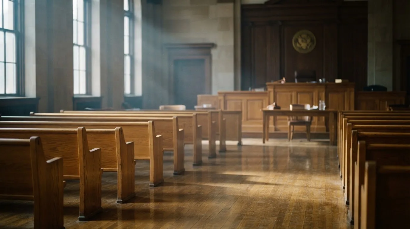 An empty courtroom with wooden benches in morning light