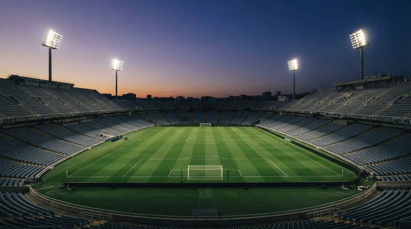 An empty football stadium with floodlight masts at dusk