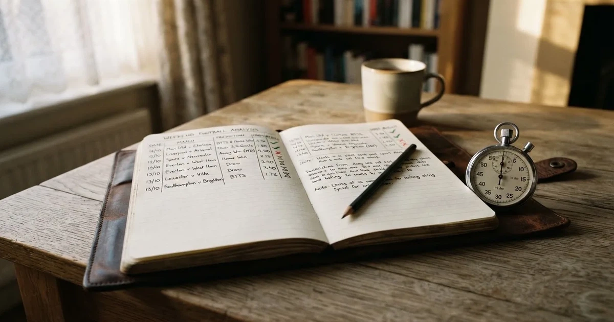An open notebook with a pencil and a stopwatch on a wooden table
