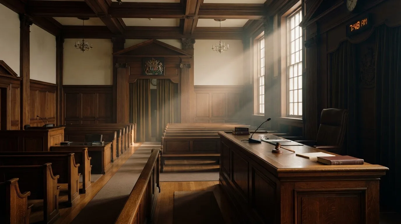 An empty courtroom with wooden benches in morning light