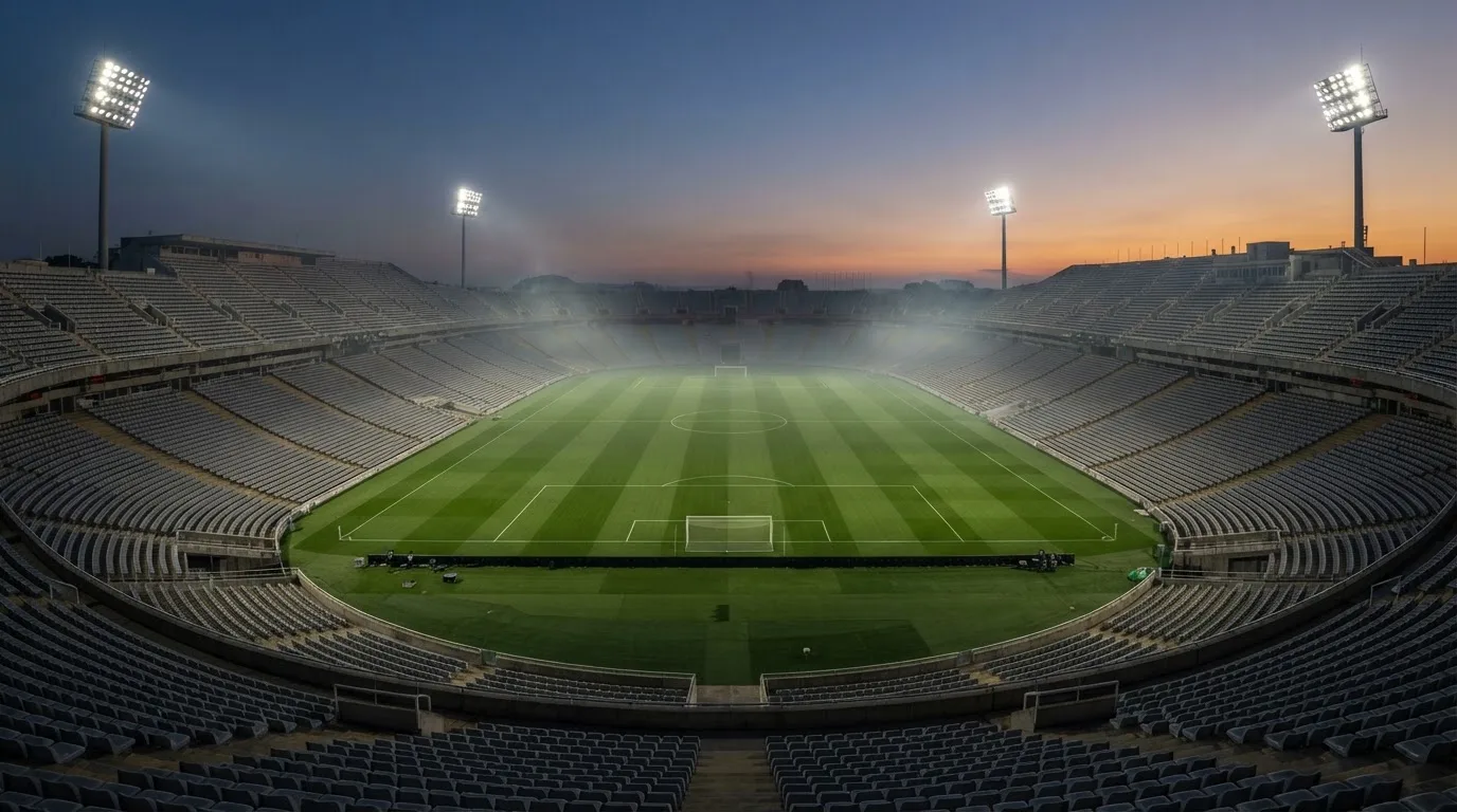 An empty football stadium with floodlight masts at dusk