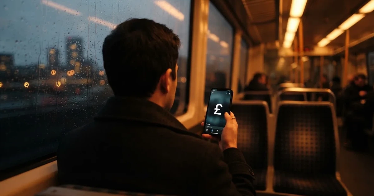 A hand holding a smartphone on a train in the evening, screen turned away