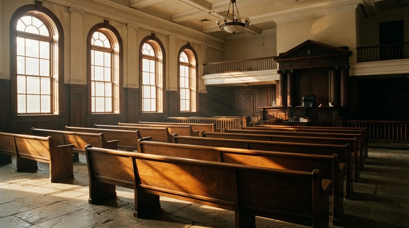 An empty courtroom with wooden benches in morning light