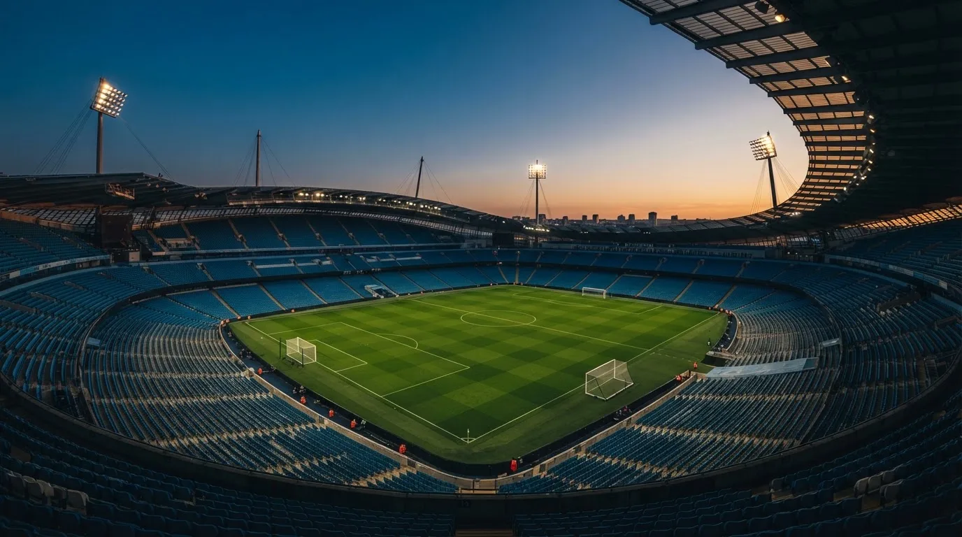 An empty football stadium with floodlight masts at dusk