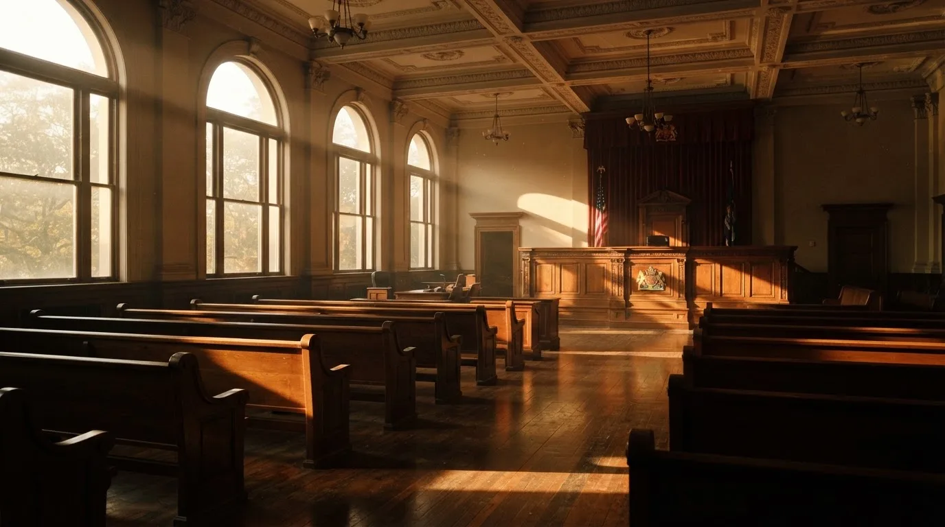 An empty courtroom with wooden benches in morning light