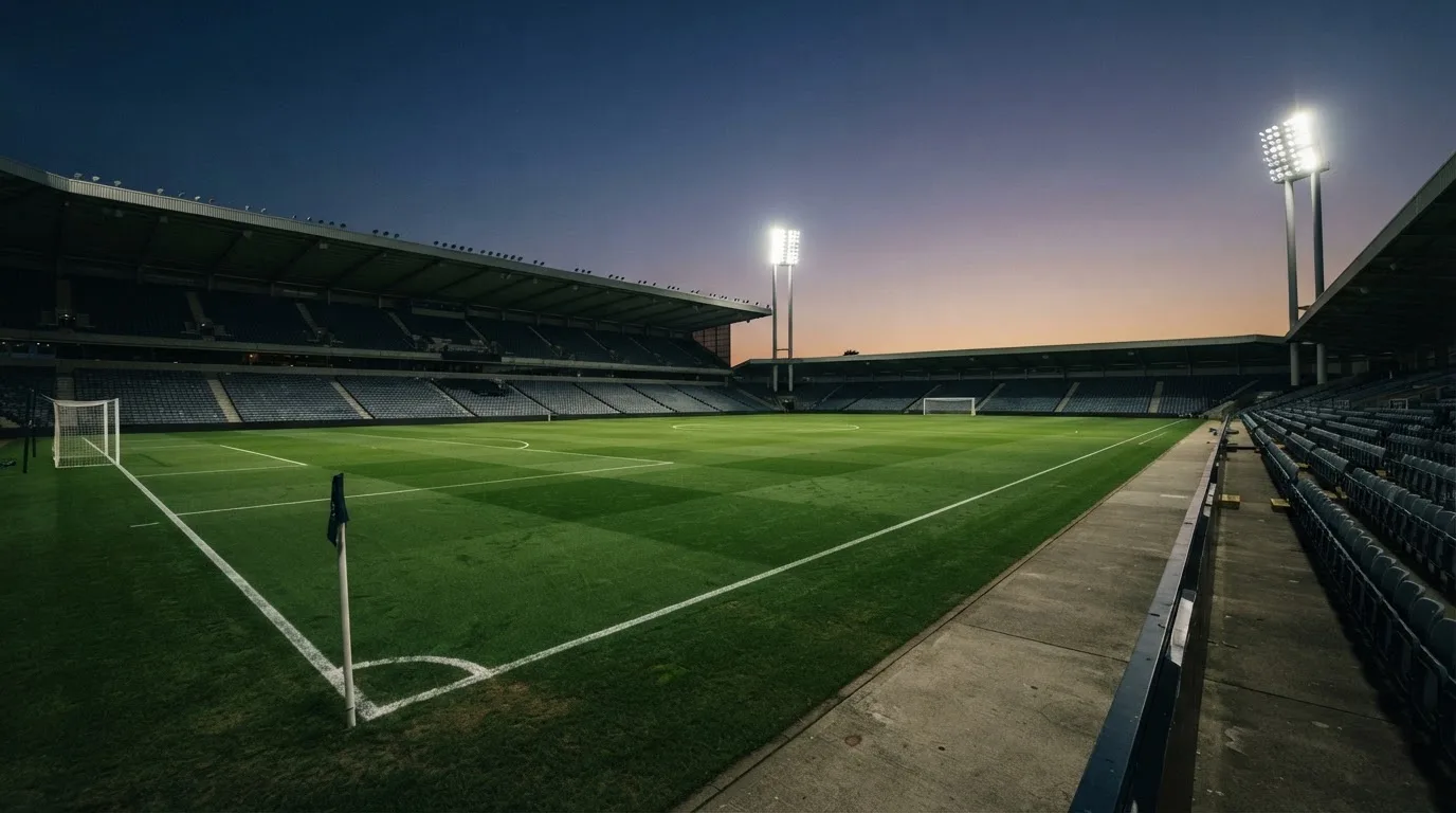 An empty football stadium with floodlight masts at dusk