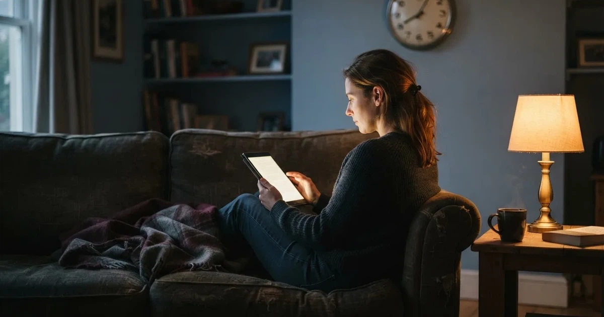 A person on a sofa looking thoughtfully at a tablet, a wall clock in the background