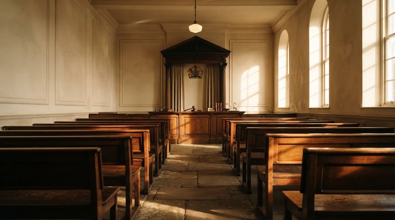 An empty courtroom with wooden benches in morning light