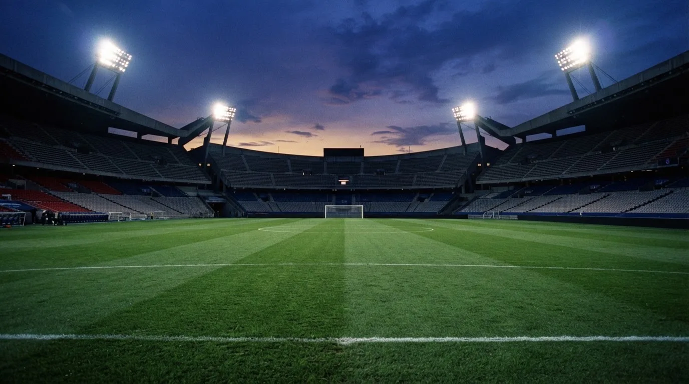 An empty football stadium with floodlight masts at dusk