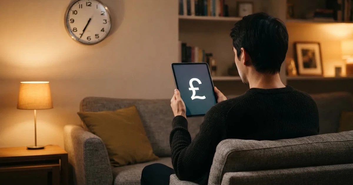 A person on a sofa looking thoughtfully at a tablet, a wall clock in the background