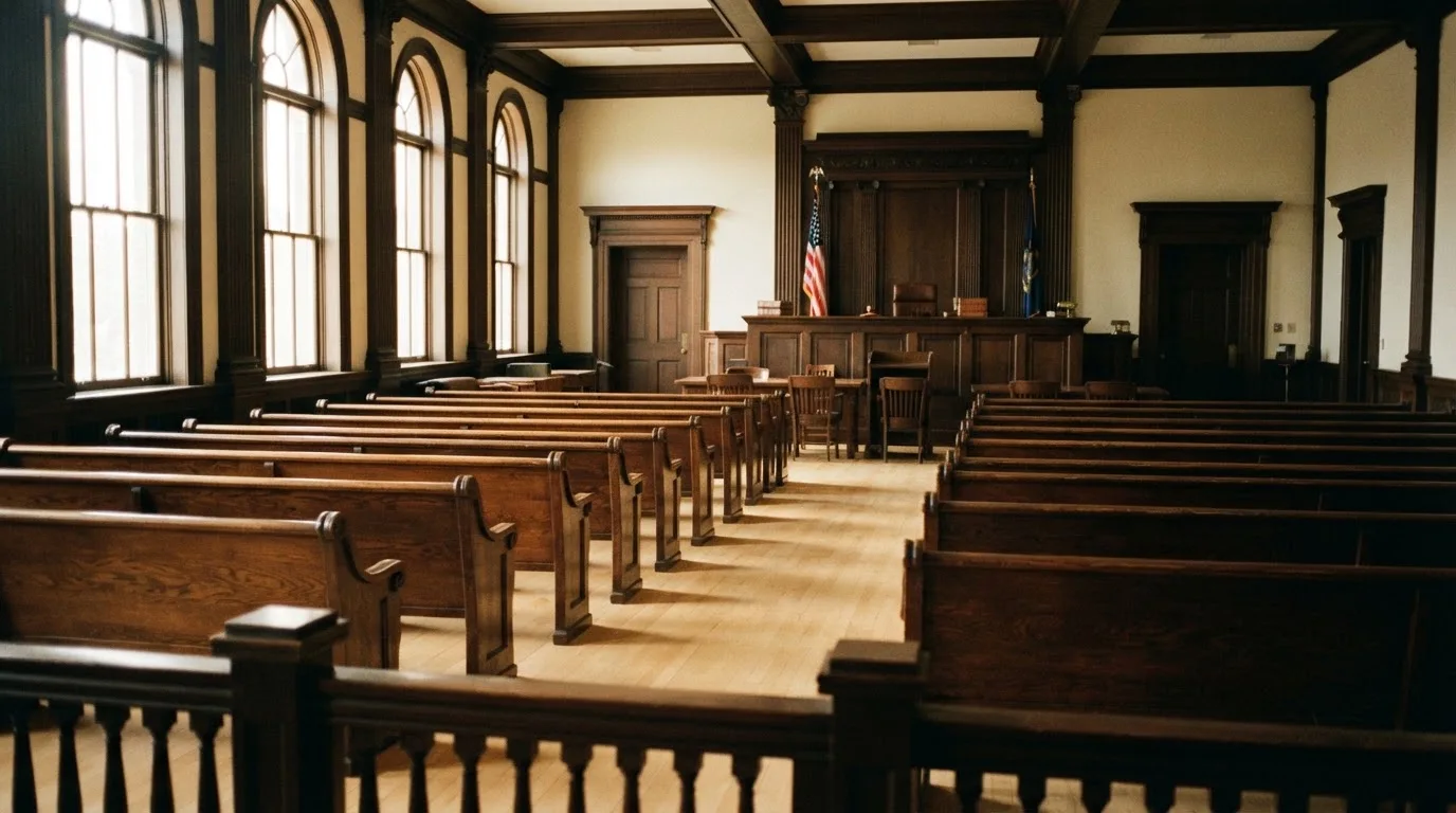 An empty courtroom with wooden benches in morning light