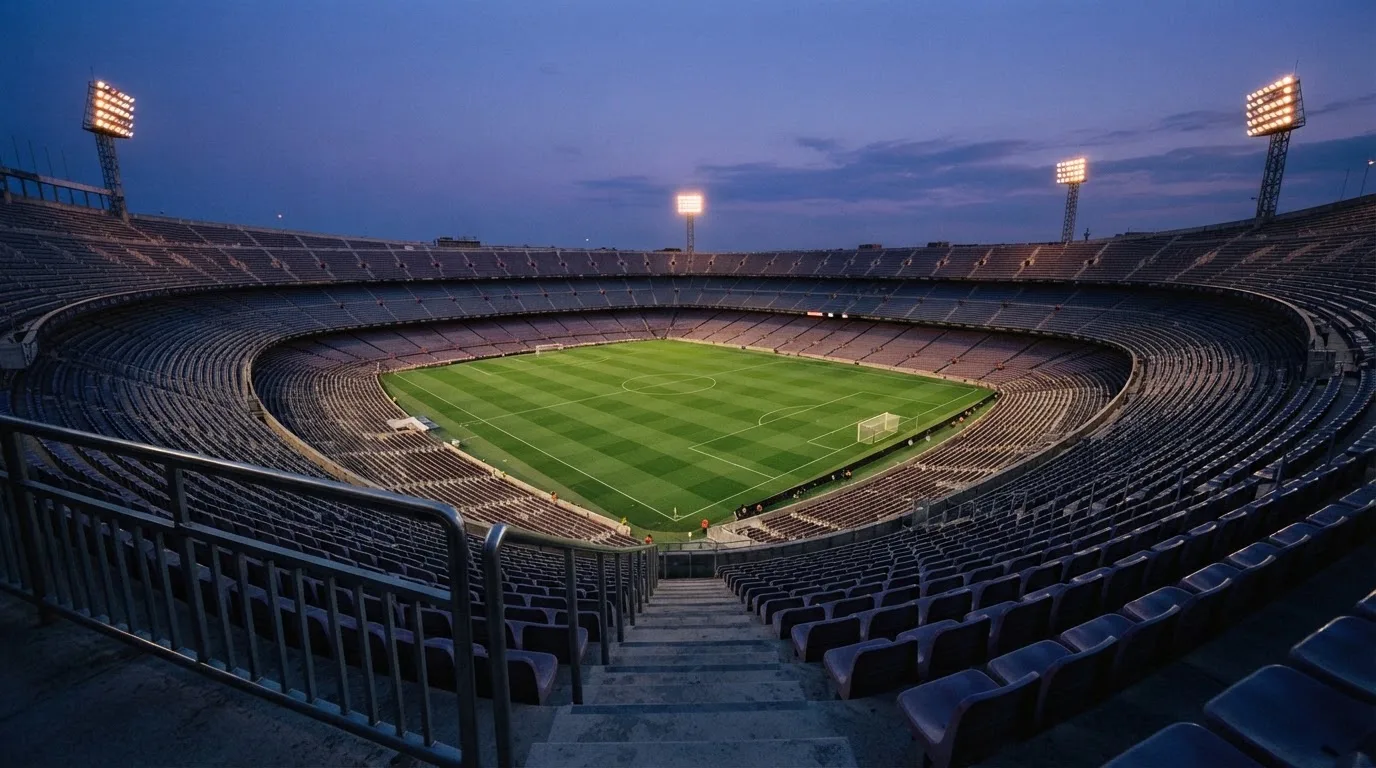 An empty football stadium with floodlight masts at dusk
