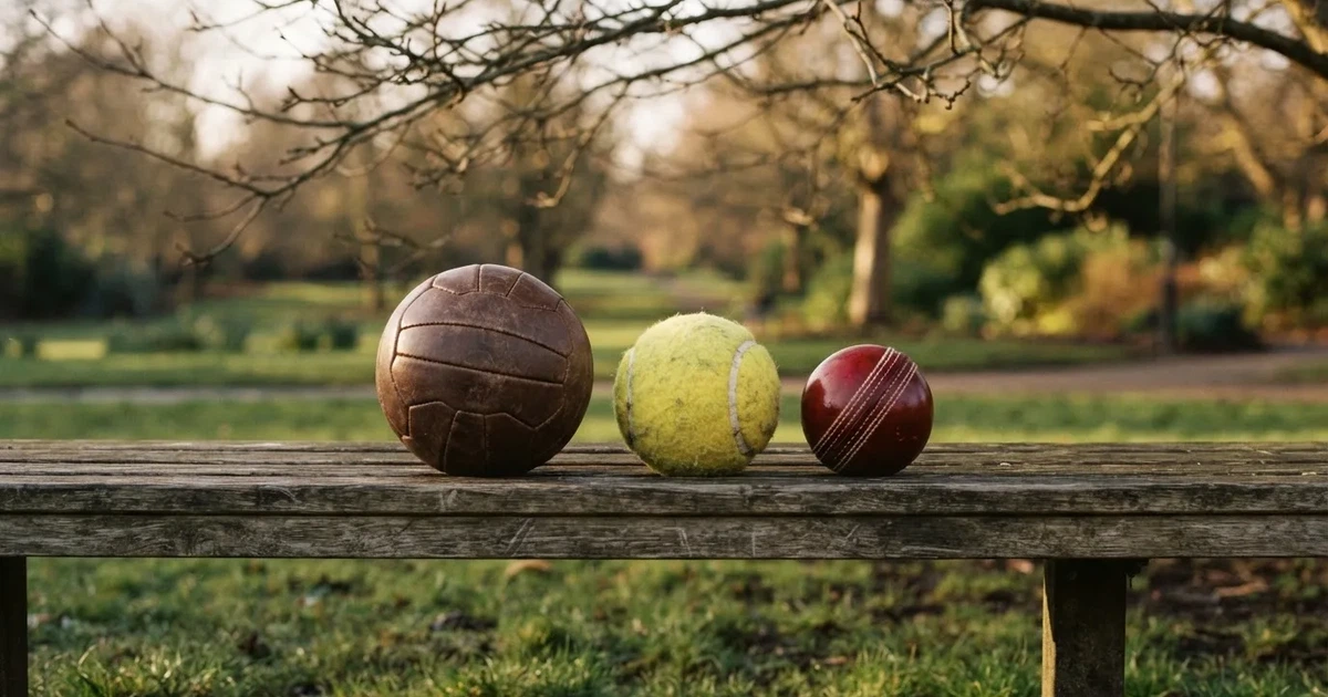 Three balls of different kinds side by side on a wooden bench