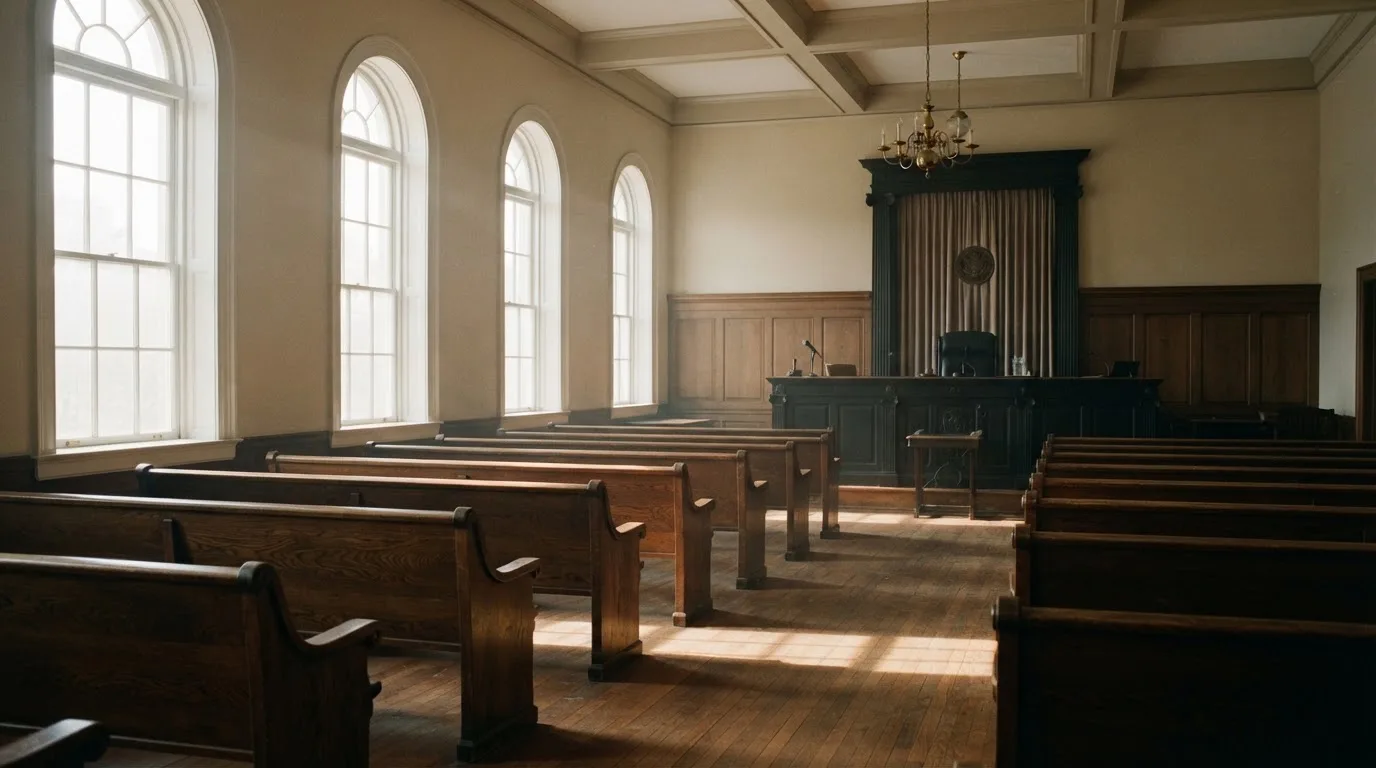 An empty courtroom with wooden benches in morning light