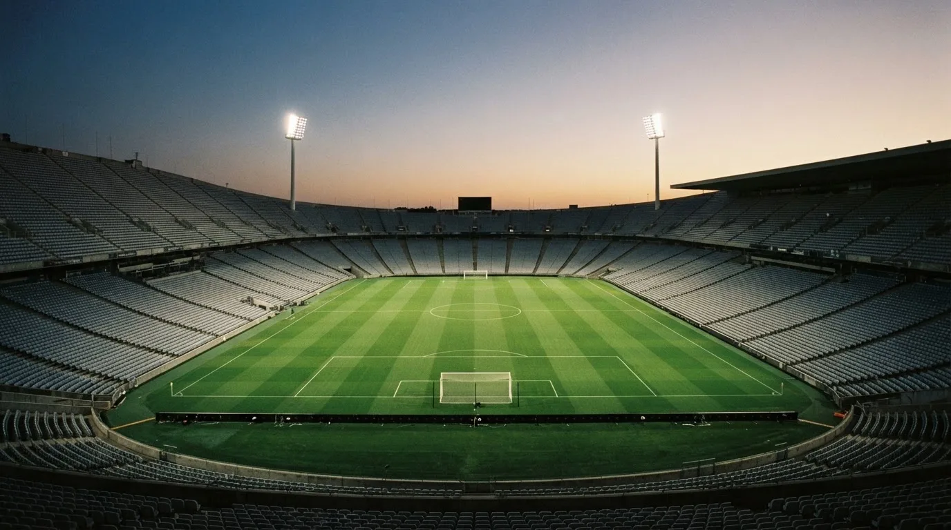 An empty football stadium with floodlight masts at dusk