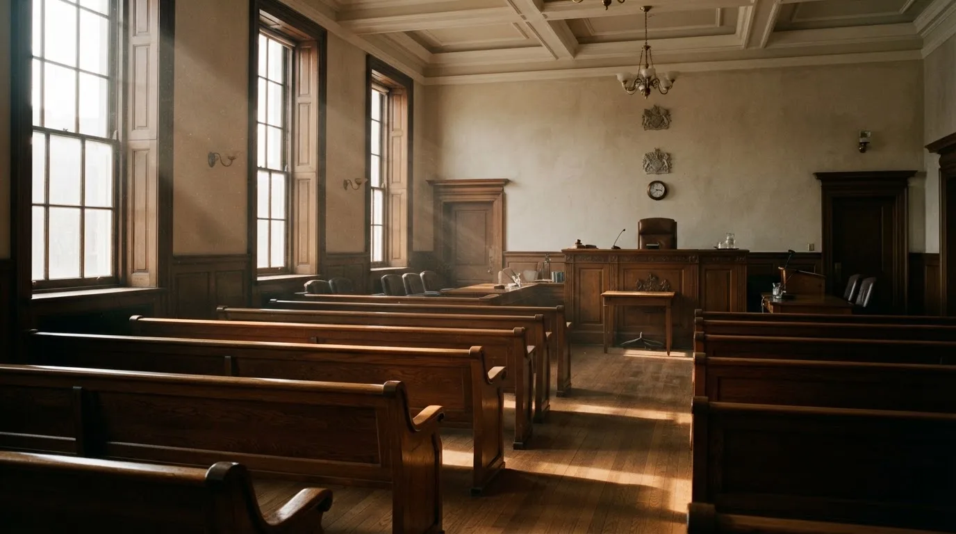 An empty courtroom with wooden benches in morning light