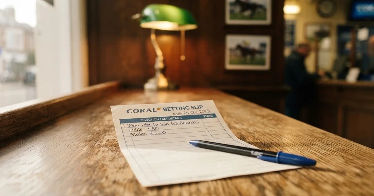 A blank paper betting slip beside a pen on a wooden counter