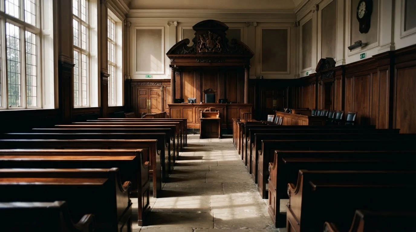 An empty courtroom with wooden benches in morning light