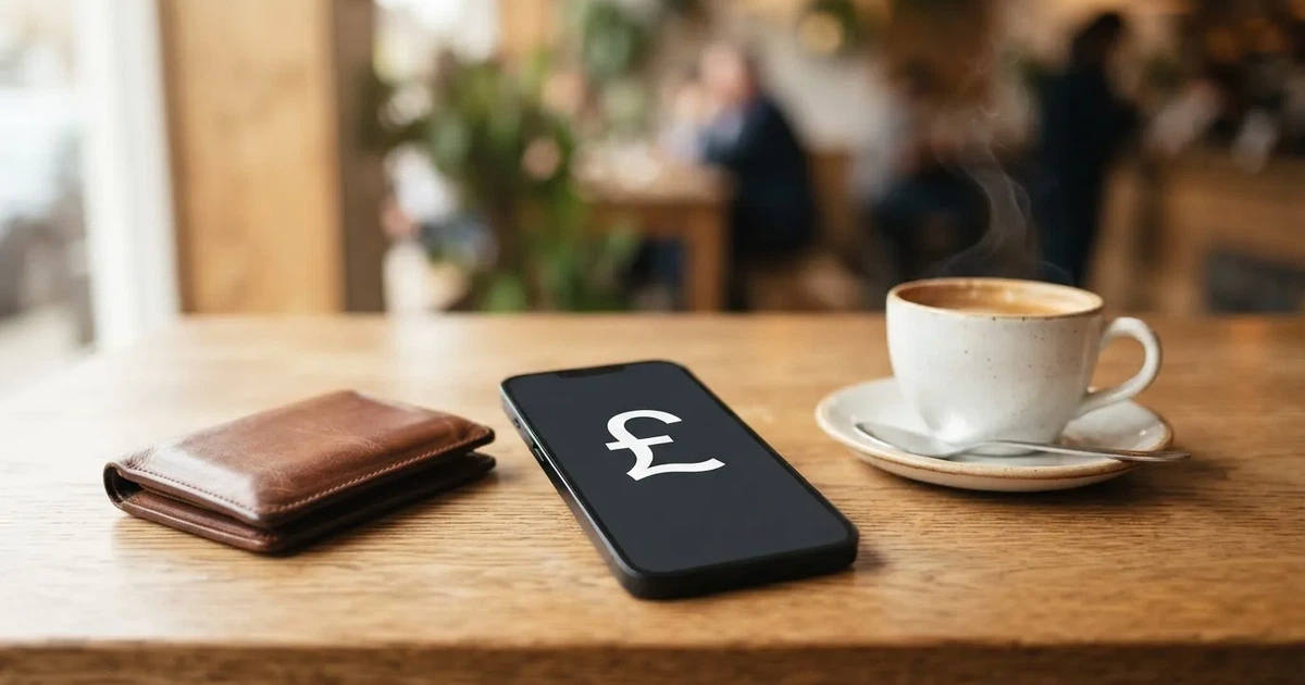 A smartphone on a wooden table beside a wallet and a coffee cup