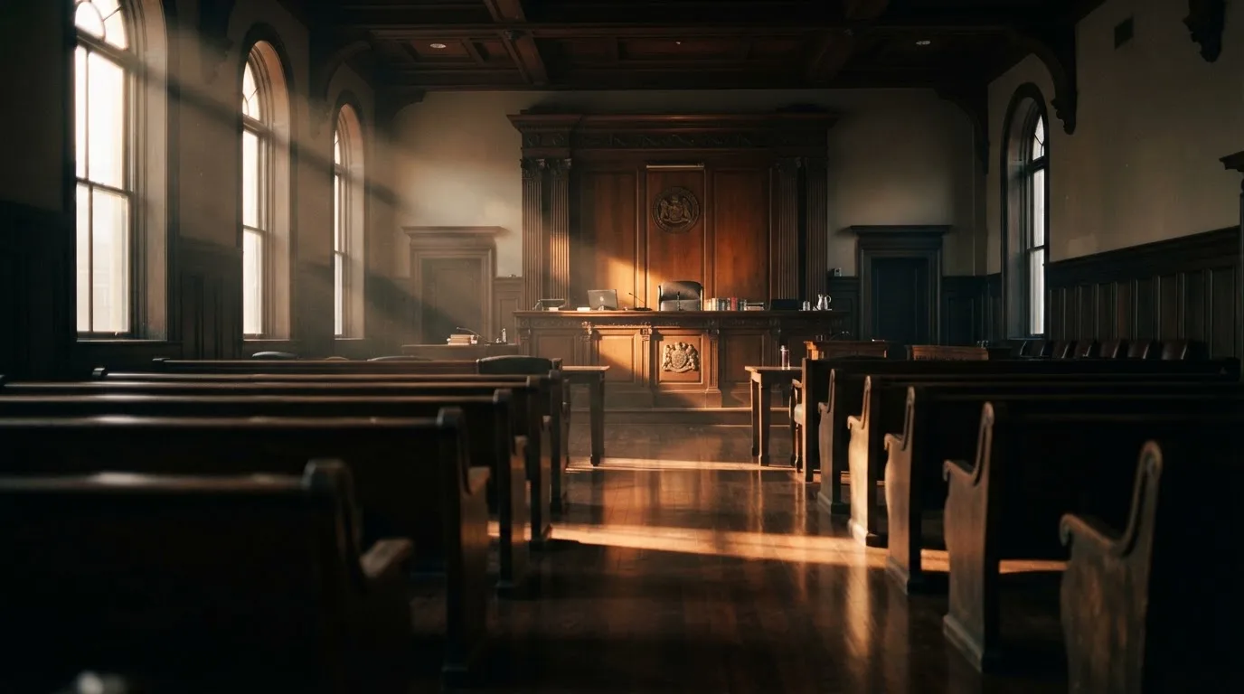 An empty courtroom with wooden benches in morning light