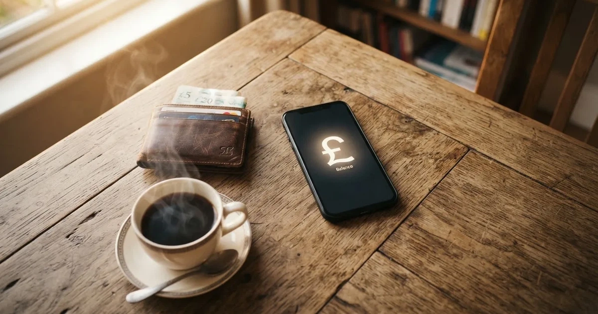 A smartphone on a wooden table beside a wallet and a coffee cup